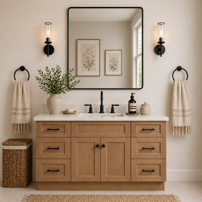 60" Bathroom Vanity With Single Sink, Natural Shaker Vanity, Hardwood Cabinet, Vanity With Drawers, Solid Wood Bathroom Furniture, Farmhouse