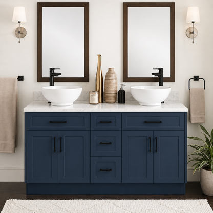 60 Inch Navy Blue Shaker Double Sink Bathroom Vanity with Drawers