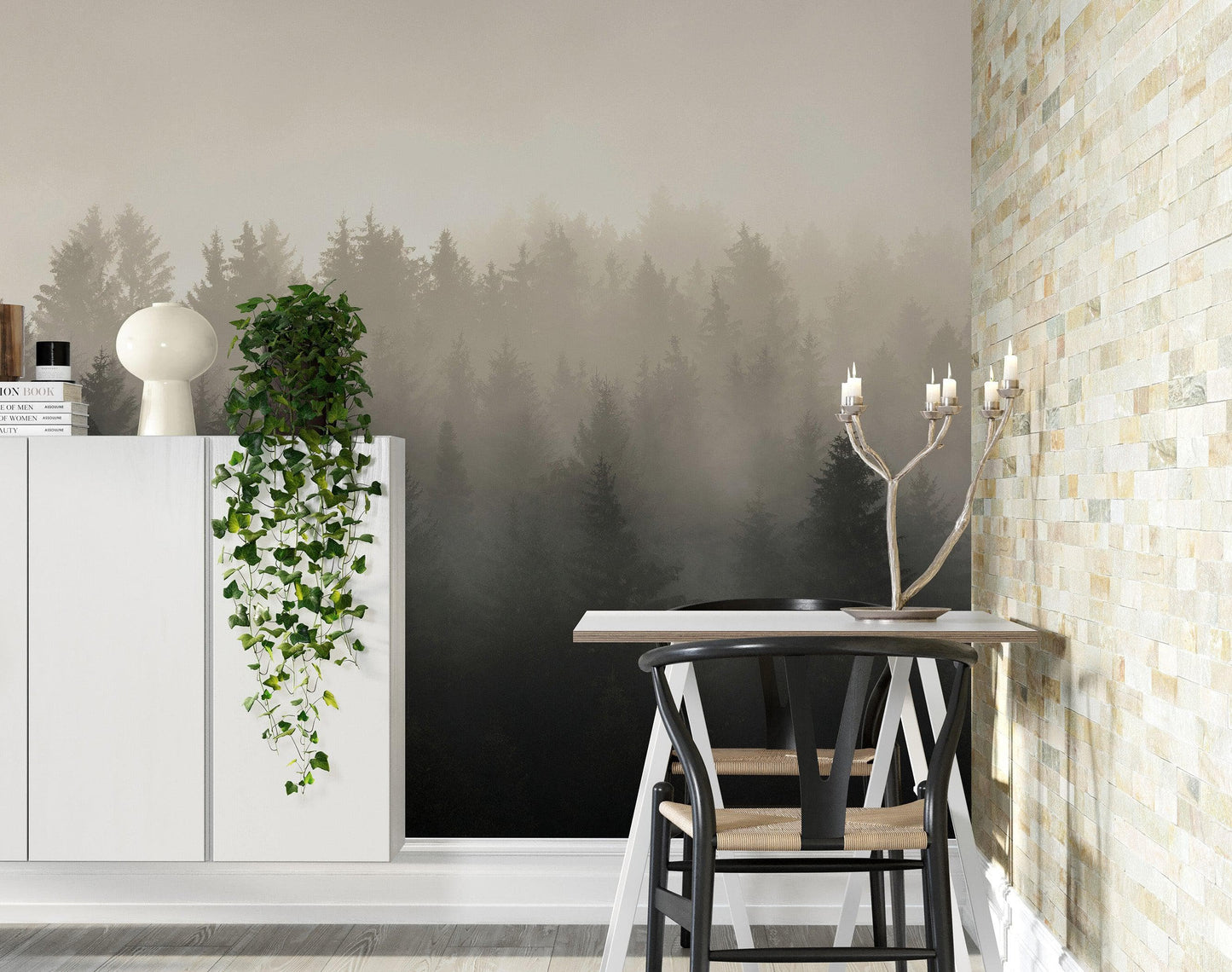 Misty Pine Forest Wall Mural. Peaceful Foggy Morning Scenery. #6122