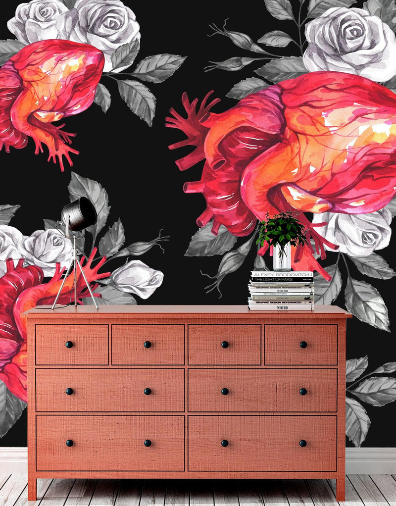 Valentines Hearts and Roses Watercolor Pattern Wall Mural. Black background. #6136, view 2
