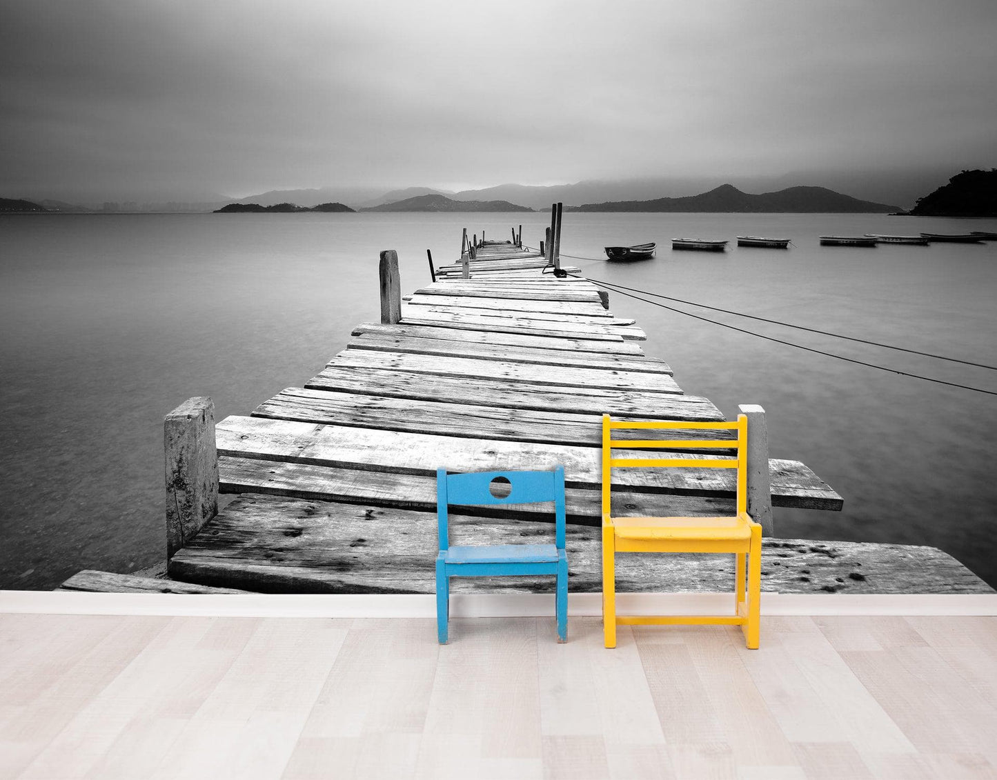 Misty Lake View Boat on Pier Black and White Mural Wall Decal Sticker #6143