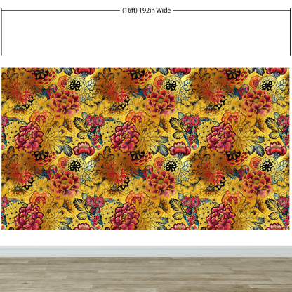 Japanese Art Koi Fish Peel and Stick Wallpaper. Gold Flowers Background.  Removable Wall Mural #6192