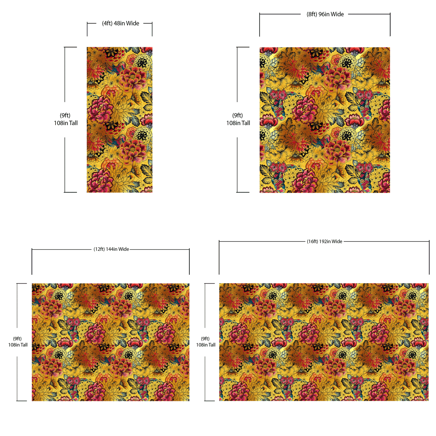 Japanese Art Koi Fish Peel and Stick Wallpaper. Gold Flowers Background.  Removable Wall Mural #6192