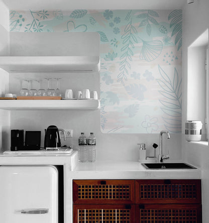 Pastel Botanical Nature Wallpaper Mural. Leafs and Flowers Design. #6195