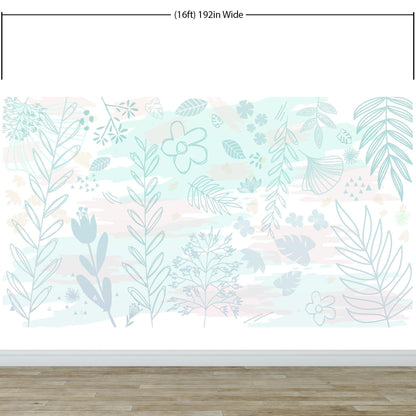 Pastel Botanical Nature Wallpaper Mural. Leafs and Flowers Design. #6195