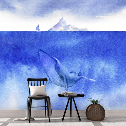 Whale in Ocean Wall Mural. Watercolor artwork of whale, island and sailboat. Peel and Stick Wallpaper. #6197