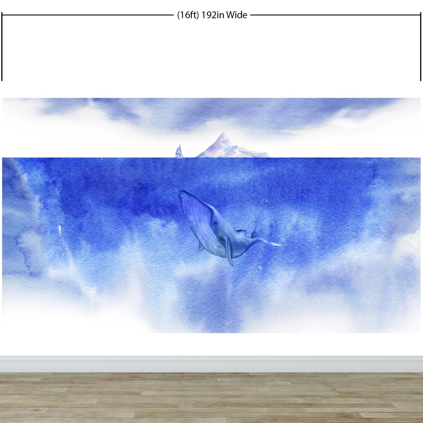 Whale in Ocean Wall Mural. Watercolor artwork of whale, island and sailboat. Peel and Stick Wallpaper. #6197