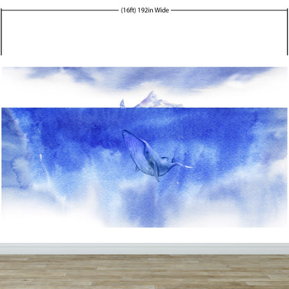 Whale in Ocean Wall Mural. Watercolor artwork of whale, island and sailboat. Peel and Stick Wallpaper. #6197
