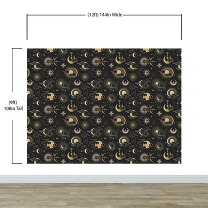 Astronomy Pattern Peel and Stick Wallpaper. Stars, Sun, Moon and Cloud. Removable Wall Mural #6208