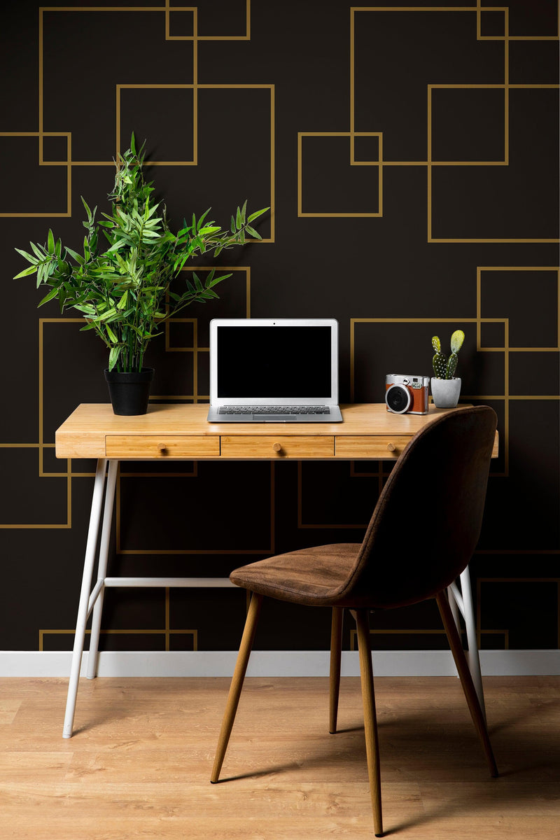 Dark Brown and Gold Square Geometric Pattern Peel and Stick Wallpaper, view 2