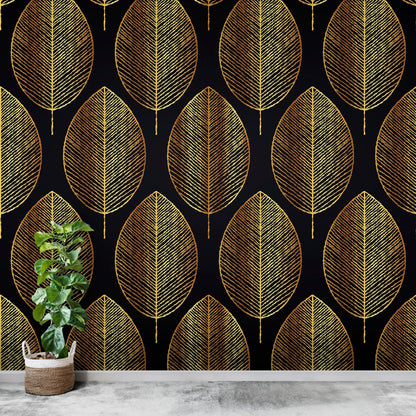 Gold Leave Autumn Pattern Peel and Stick Wallpaper | Removable Wall Mural #6217