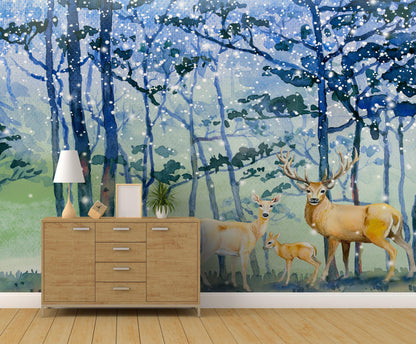 Deer Family in Snow Forest Peel and Stick Wallpaper | Removable Wall Mural. #6218