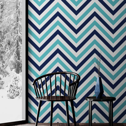 Seaside Chic Decor. Navy Blue and Teal Chevron Pattern Wallpaper. #6222