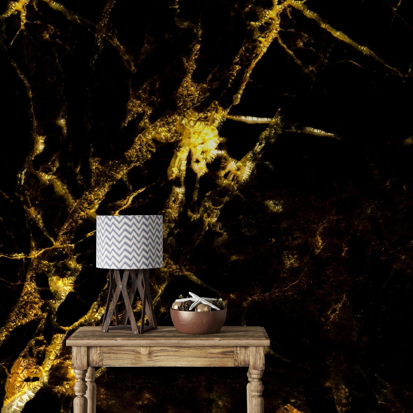 Black and Gold Abstract Marble Stone Peel and Stick Wall Mural. #6239