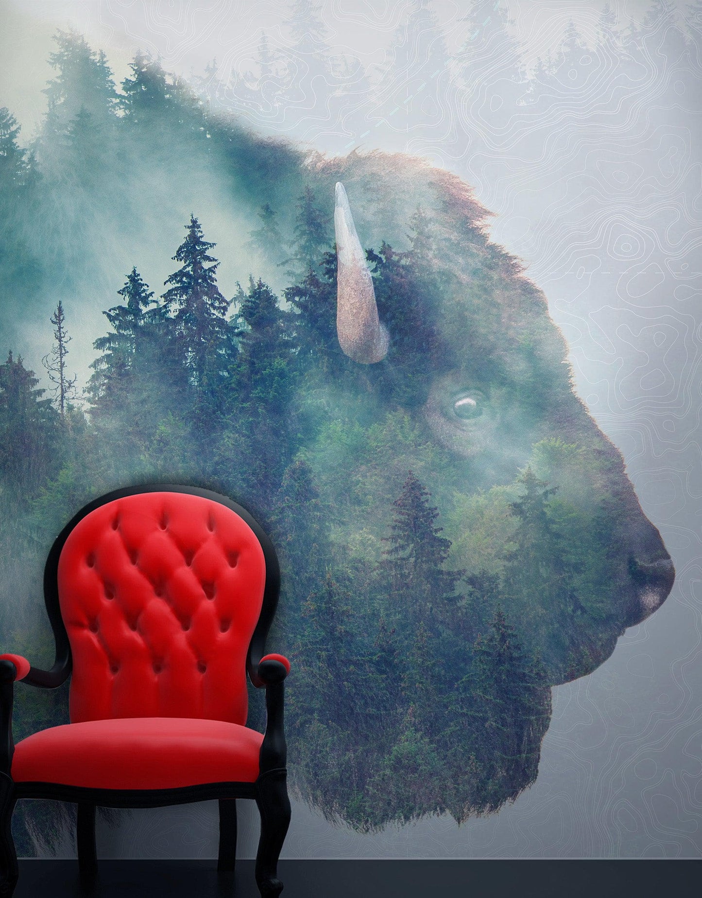 Foggy Mountain Forest View with Bison Buffalo Overlay Natural Scenery Wall Mural #6282.