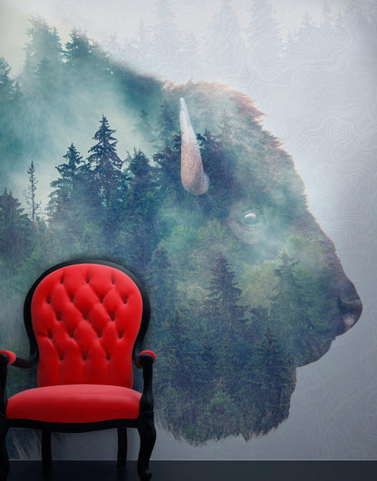 Foggy Mountain Forest View with Bison Buffalo Overlay Natural Scenery Wall Mural #6282.