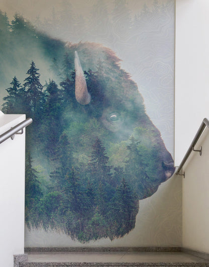 Foggy Mountain Forest View with Bison Buffalo Overlay Natural Scenery Wall Mural #6282.