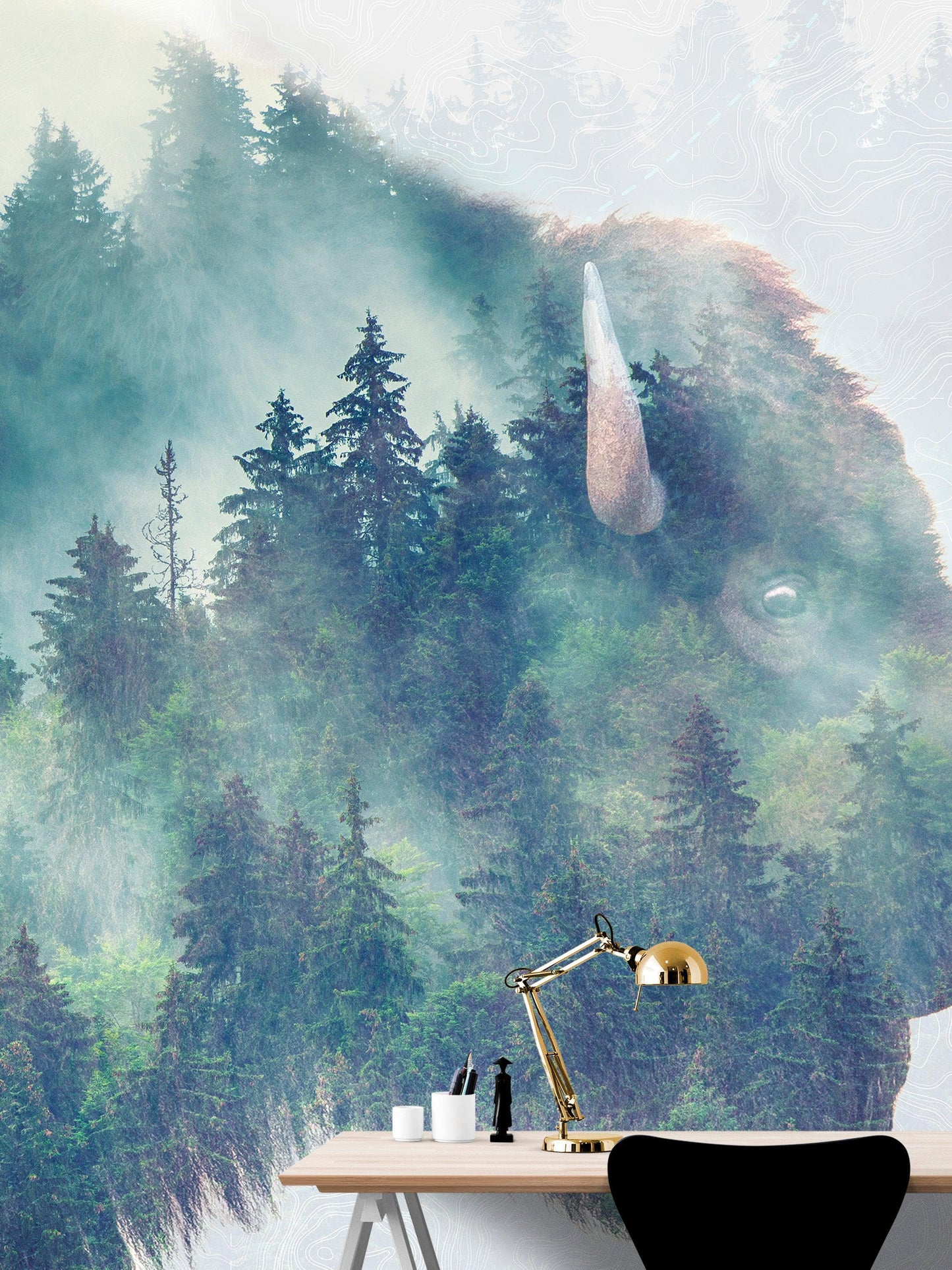 Foggy Mountain Forest View with Bison Buffalo Overlay Natural Scenery Wall Mural #6282.
