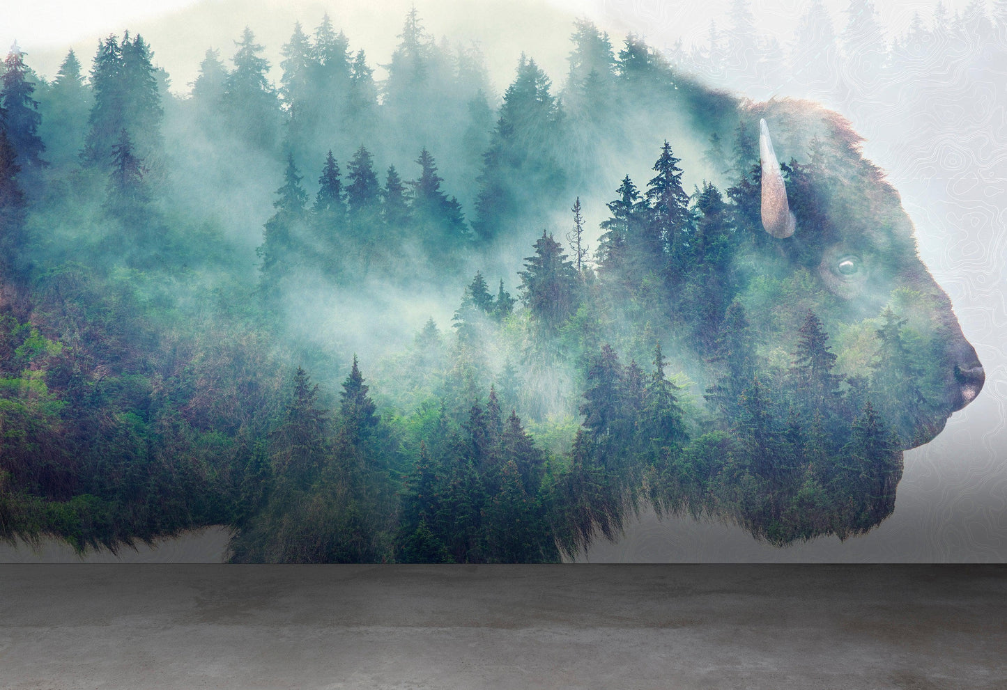 Foggy Mountain Forest View with Bison Buffalo Overlay Natural Scenery Wall Mural #6282.