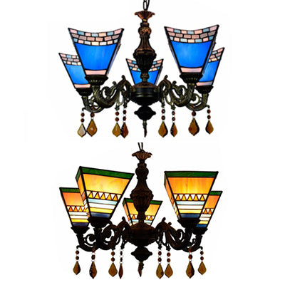 DecorBites™ Retro Geometric Stained Glass Chandelier with Crystal Pendants - 5 Bulbs in Yellow/Blue for Bedroom