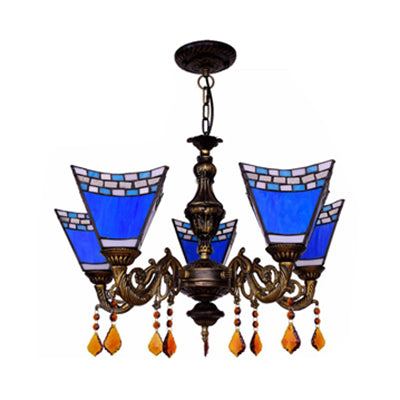 DecorBites™ Retro Geometric Stained Glass Chandelier with Crystal Pendants - 5 Bulbs in Yellow/Blue for Bedroom