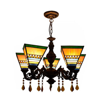 DecorBites™ Retro Geometric Stained Glass Chandelier with Crystal Pendants - 5 Bulbs in Yellow/Blue for Bedroom