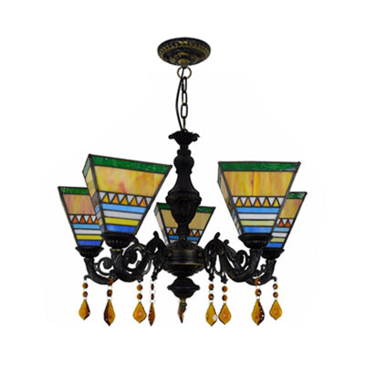 DecorBites™ Retro Geometric Stained Glass Chandelier with Crystal Pendants - 5 Bulbs in Yellow/Blue for Bedroom