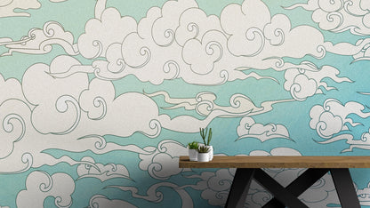 Japanese Traditional Curly Cloud in Sky Abstract Illustration Asian Decor Wall Mural. Peel and Stick Wallpaper. #6297