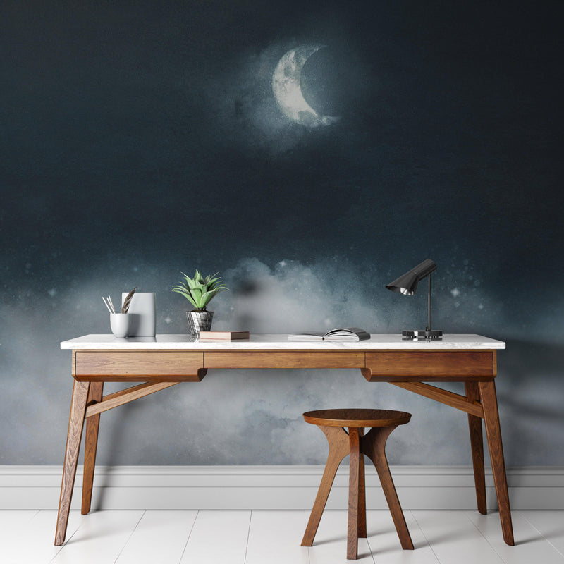 Crescent Moon Shining Over Misty Clouds Wall Mural. Peel and Stick Wallpaper. #6301, view 2