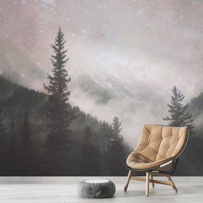 Foggy Misty Forest Trees Over Mountain Under a Starry Night Wall Mural. #6304