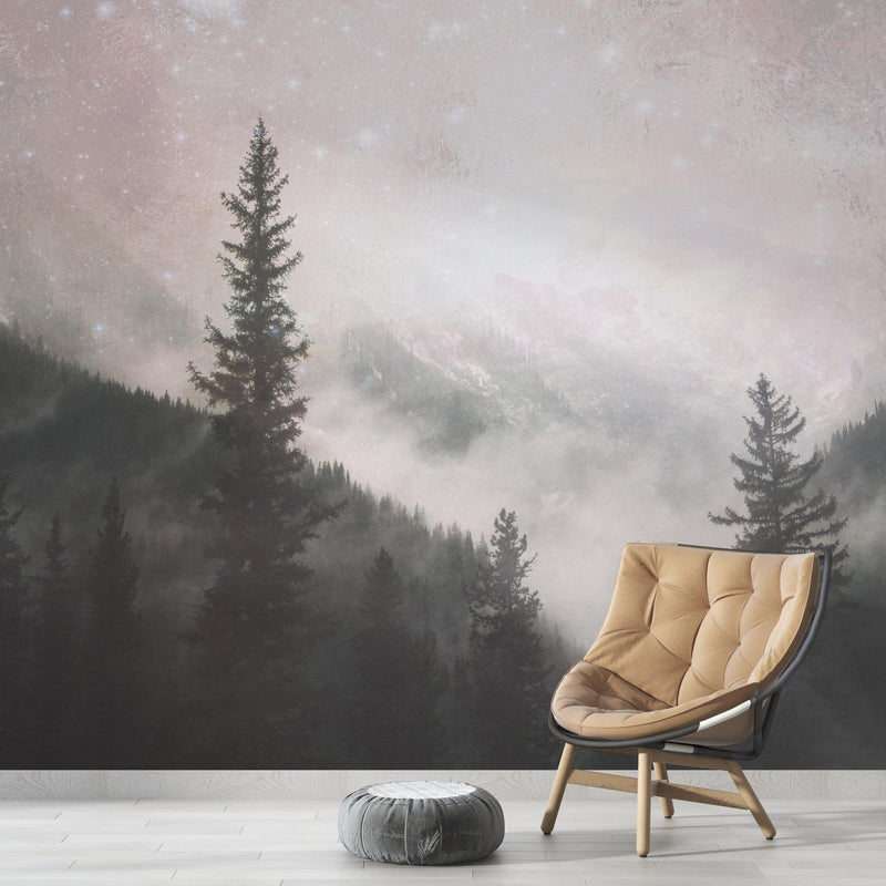 Foggy Misty Forest Trees Over Mountain Under a Starry Night Wall Mural. #6304