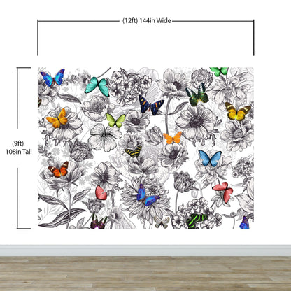 Butterflies in Flower Garden Wall Mural. Retro Black and White Illustration Floral Design. #6320