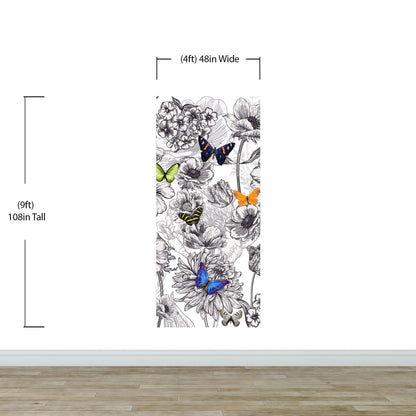 Butterflies in Flower Garden Wall Mural. Retro Black and White Illustration Floral Design. #6320