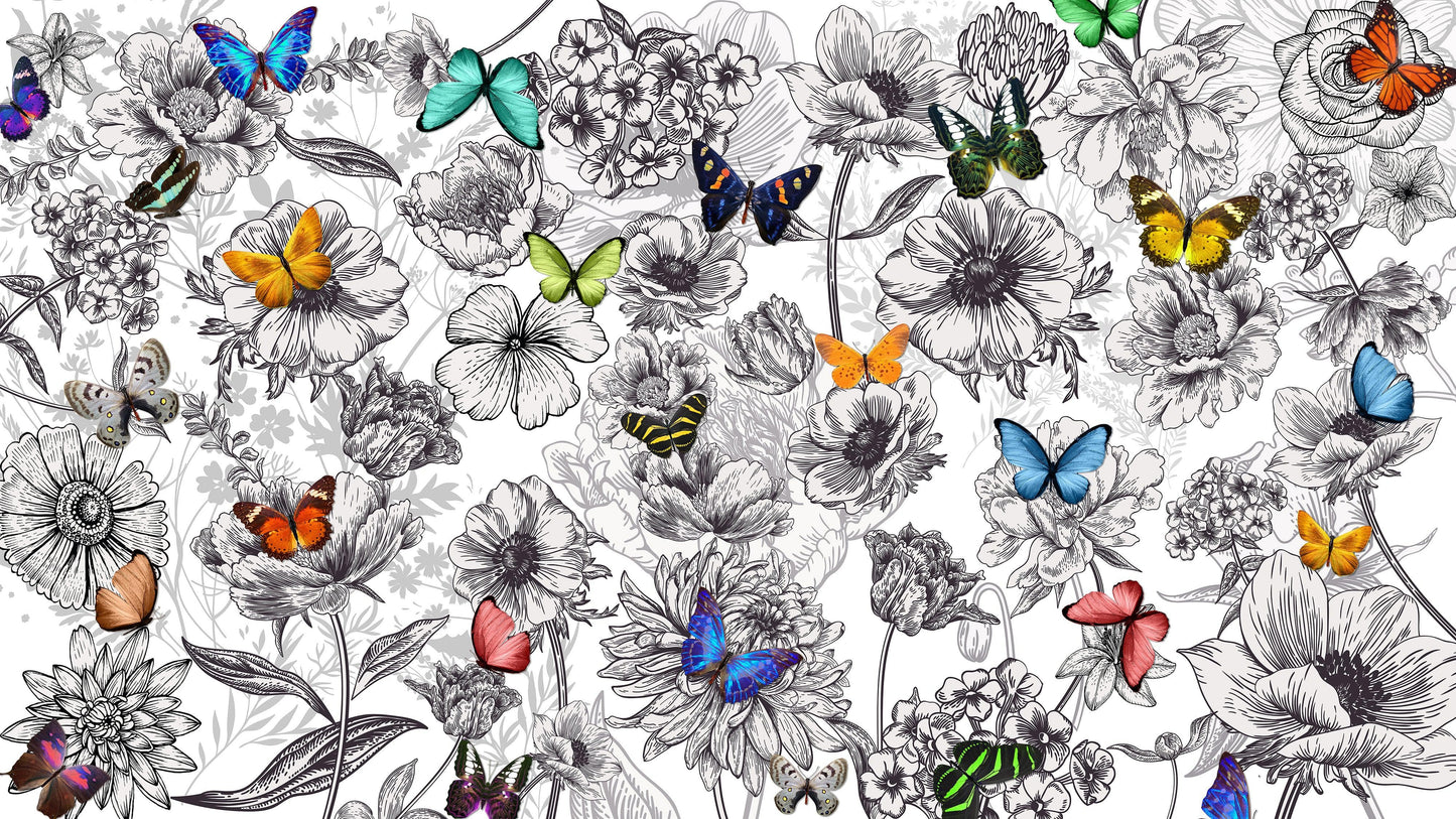 Butterflies in Flower Garden Wall Mural. Retro Black and White Illustration Floral Design. #6320