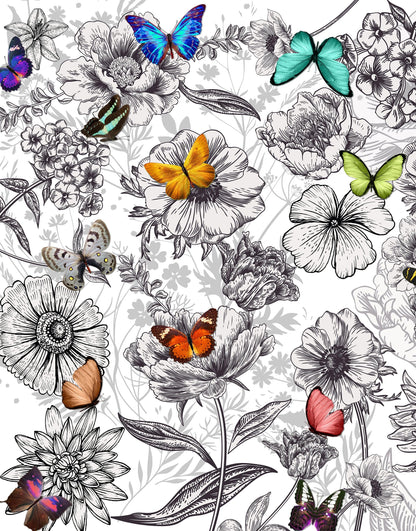 Butterflies in Flower Garden Wall Mural. Retro Black and White Illustration Floral Design. #6320