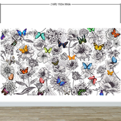 Butterflies in Flower Garden Wall Mural. Retro Black and White Illustration Floral Design. #6320