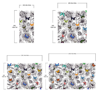 Butterflies in Flower Garden Wall Mural. Retro Black and White Illustration Floral Design. #6320