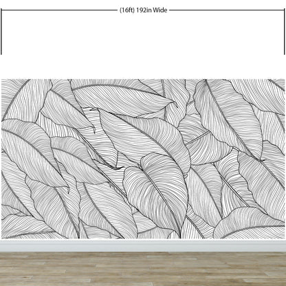 Banana Leaves Wallpaper, Palm Leaves Line Art Pattern Peel and Stick Wall Mural. #6330