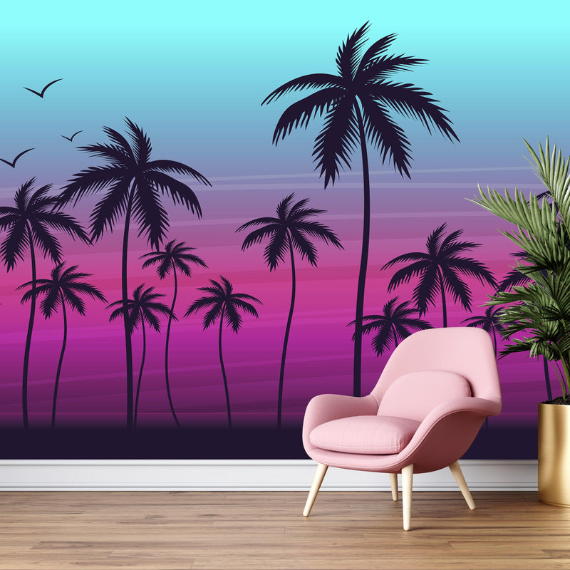 Miami Tropical Palm Tree Illustration Vice Color Sunset Wall Mural. Bright Miami Vice Blue, view 2