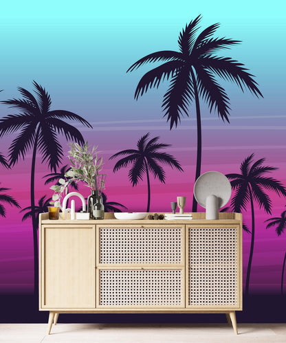 Miami Tropical Palm Tree Illustration Vice Color Sunset Wall Mural. Bright Miami Vice Blue and Fuchsia Colors. #6331