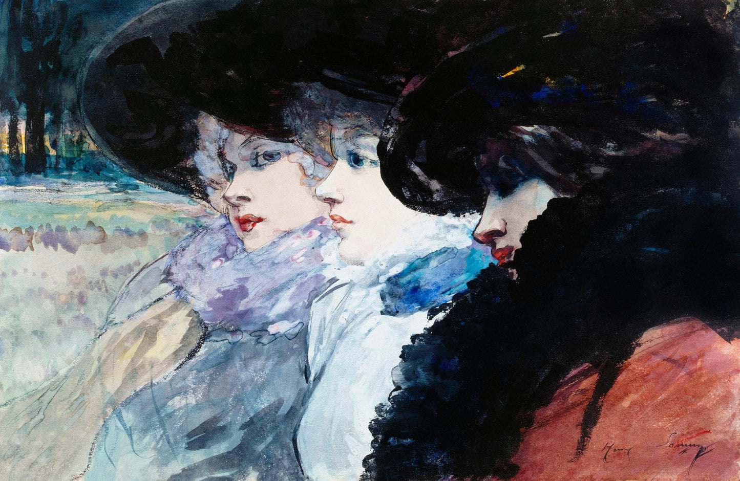 Vintage Painting, Three Women in Profile by Artist Henry Somm. Large Wall Mural / Peel and Stick Wallpaper. #6338