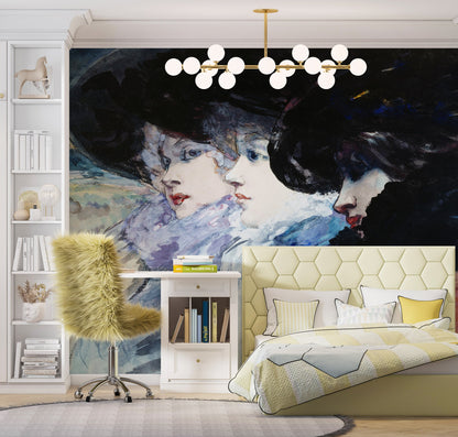 Vintage Painting, Three Women in Profile by Artist Henry Somm. Large Wall Mural / Peel and Stick Wallpaper. #6338