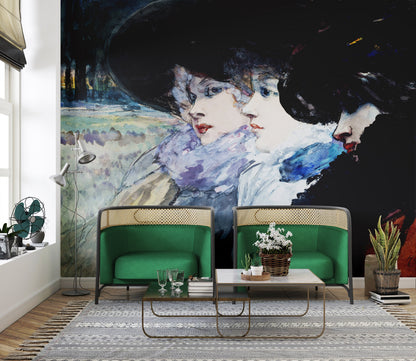 Vintage Painting, Three Women in Profile by Artist Henry Somm. Large Wall Mural / Peel and Stick Wallpaper. #6338