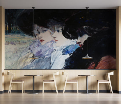Vintage Painting, Three Women in Profile by Artist Henry Somm. Large Wall Mural / Peel and Stick Wallpaper. #6338