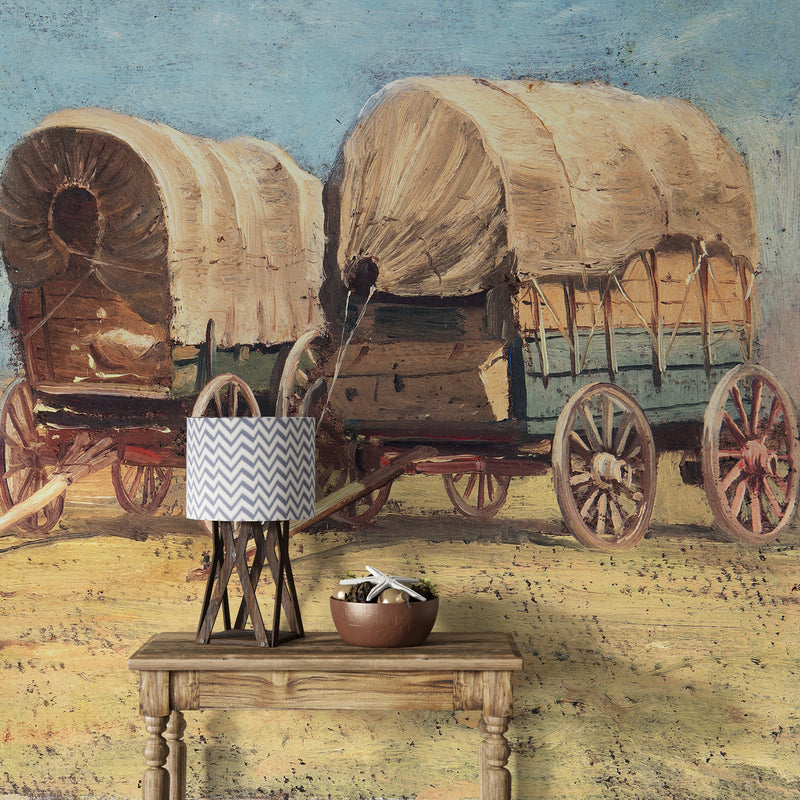 Western Cowboy Theme Wall Mural Decor. Study of Covered Wagons by Samuel Colman. Painting, view 2