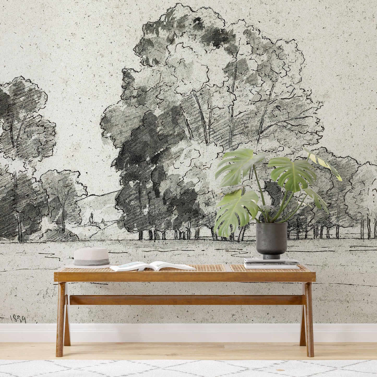 Forest Trees Wallpaper Peel and Stick Mural, Grove of Trees Drawing by Camille Pissarro. #6344