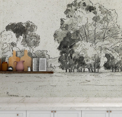 Forest Trees Wallpaper Peel and Stick Mural, Grove of Trees Drawing by Camille Pissarro. #6344
