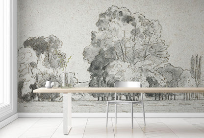 Forest Trees Wallpaper Peel and Stick Mural, Grove of Trees Drawing by Camille Pissarro. #6344