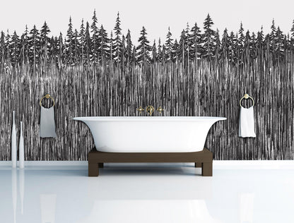 Forest Trees Trunks Grunge Illustration Wall Mural. Peel and Stick Wallpaper. Abstract Lines Silhouette Outdoors Scenery. #6345