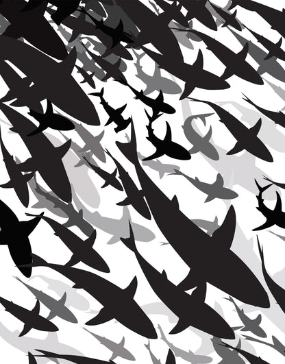 Shark Frenzy Underwater Wall Mural. Peel and Stick Wallpaper. Black and White Shark Silhouettes  #6347